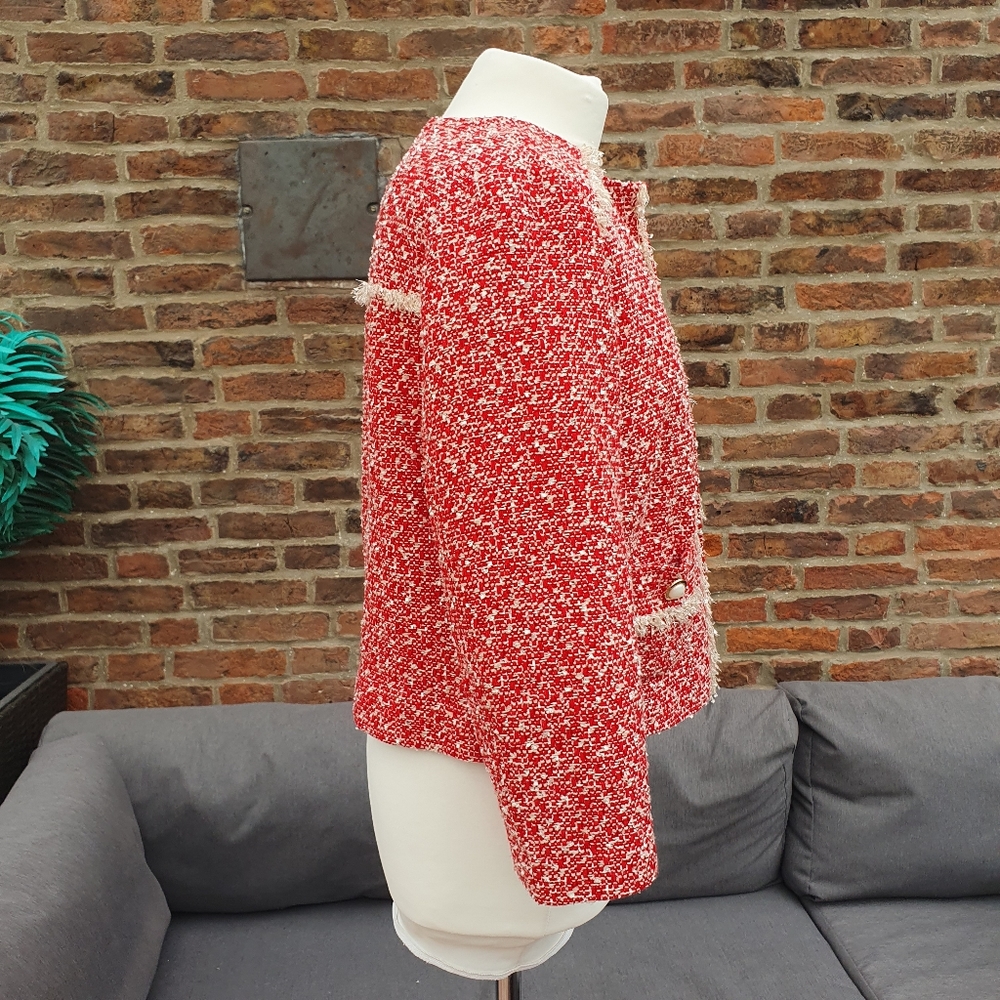 M&S Red Boucle Fringed Classic Jacket Uk12. - Picture 3 of 14
